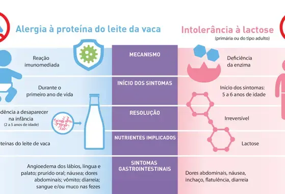 Intolerância à lactose x Alergia à proteína do leite de vaca (infographics)